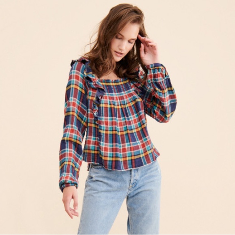 We the Free Sienna Plaid Tie-Back Bubble Sleeve Top XS